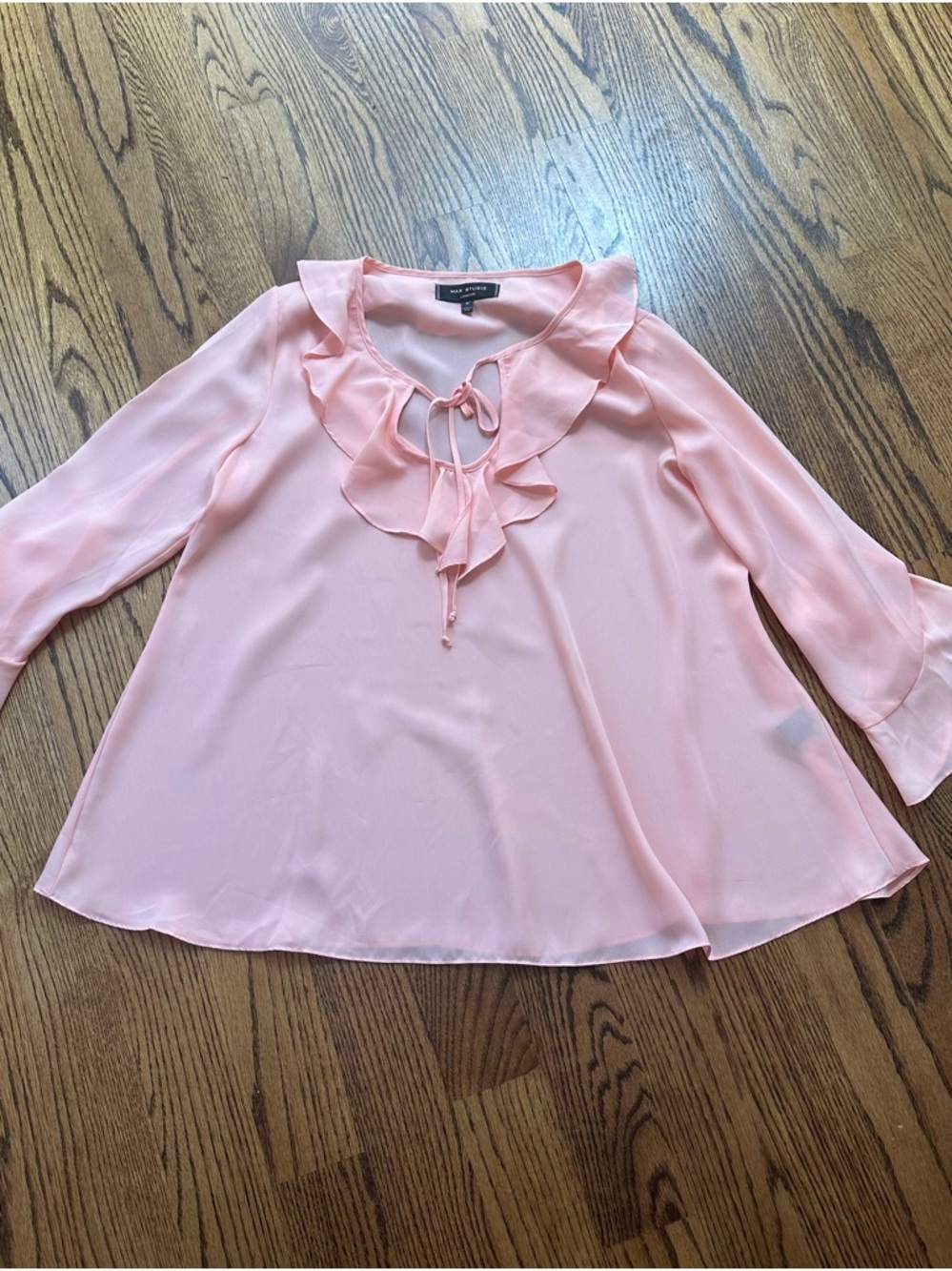 Max Studio Light Peach Ruffle Tie-Neck Blouse